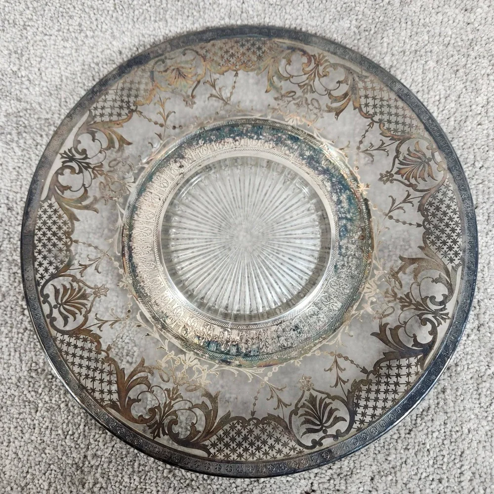 Vintage Silver Overlay‎ Glass Plate Clear Floral Scroll Etched Sunburst